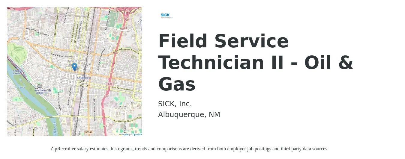 SICK, Inc. job posting for a Field Service Technician II - Oil & Gas in Albuquerque, NM with a salary of $19 to $29 Hourly with a map of Albuquerque location.