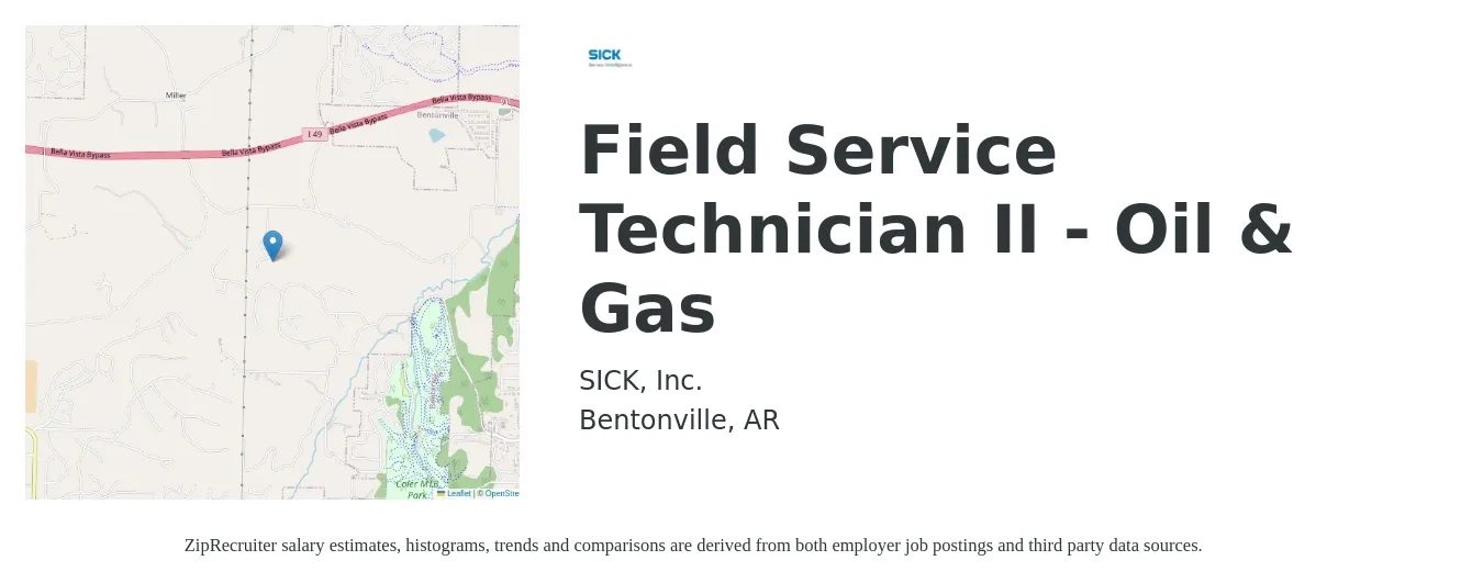 SICK, Inc. job posting for a Field Service Technician II - Oil & Gas in Bentonville, AR with a salary of $17 to $25 Hourly with a map of Bentonville location.
