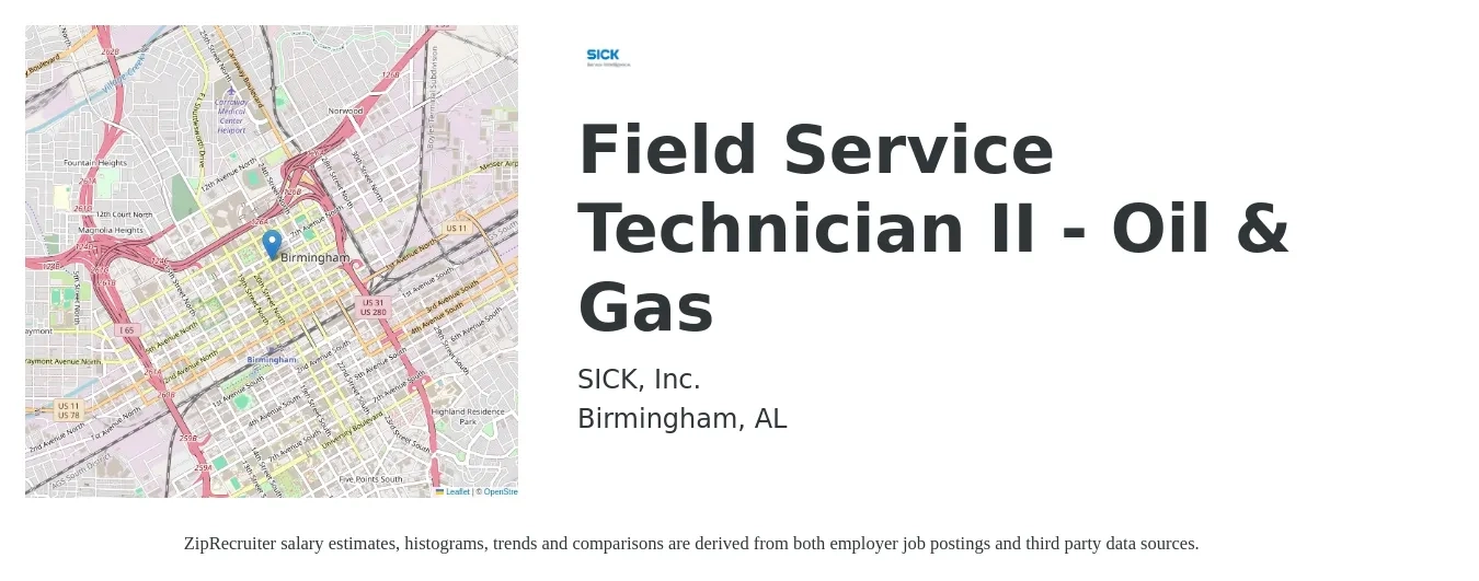 SICK, Inc. job posting for a Field Service Technician II - Oil & Gas in Birmingham, AL with a salary of $19 to $28 Hourly with a map of Birmingham location.