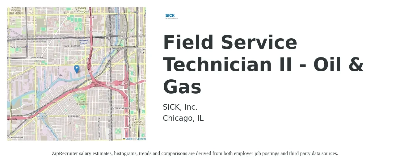 SICK, Inc. job posting for a Field Service Technician II - Oil & Gas in Chicago, IL with a salary of $20 to $31 Hourly with a map of Chicago location.