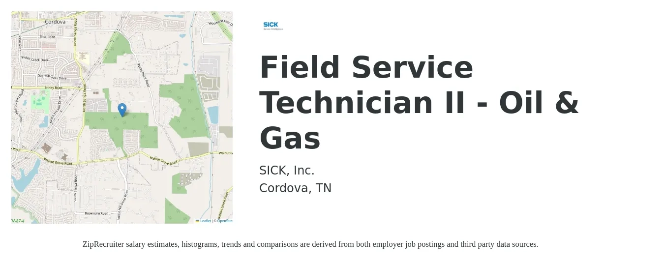 SICK, Inc. job posting for a Field Service Technician II - Oil & Gas in Cordova, TN with a salary of $18 to $26 Hourly with a map of Cordova location.