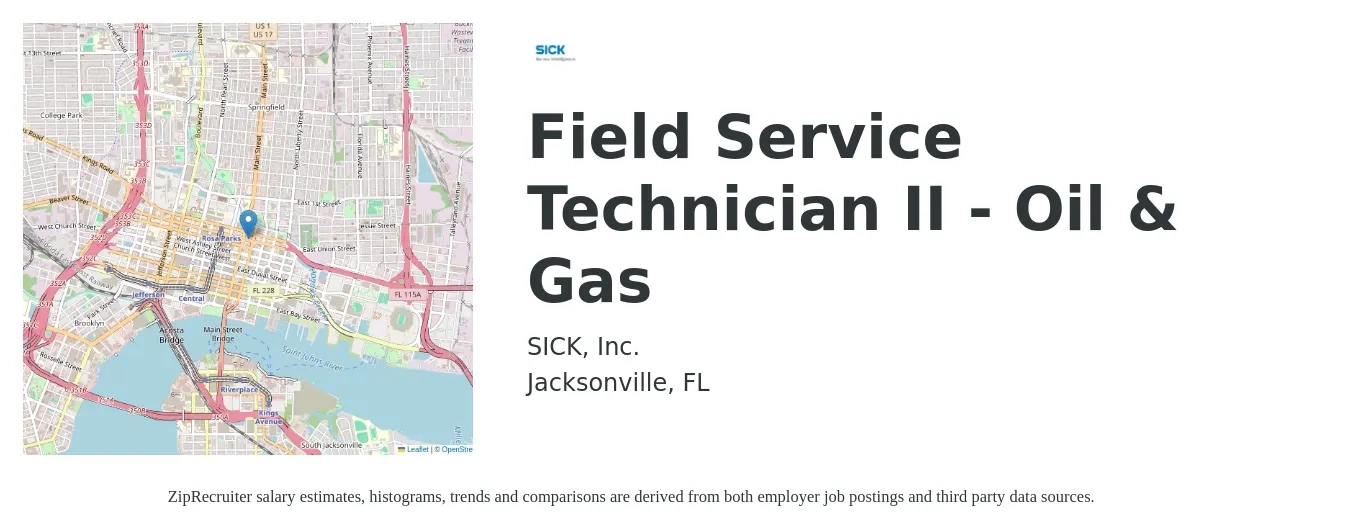 SICK, Inc. job posting for a Field Service Technician II - Oil & Gas in Jacksonville, FL with a salary of $19 to $28 Hourly with a map of Jacksonville location.