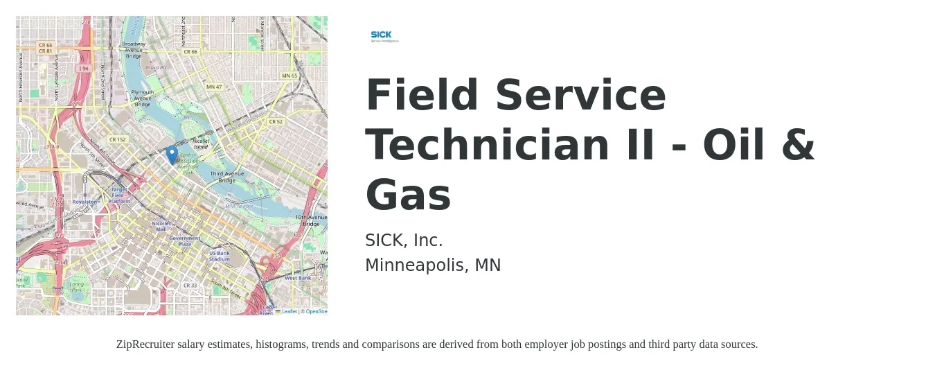 SICK, Inc. job posting for a Field Service Technician II - Oil & Gas in Minneapolis, MN with a salary of $21 to $31 Hourly with a map of Minneapolis location.