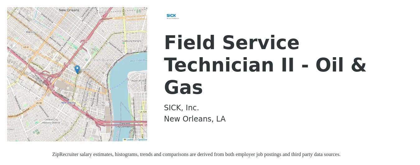 SICK, Inc. job posting for a Field Service Technician II - Oil & Gas in New Orleans, LA with a salary of $19 to $28 Hourly with a map of New Orleans location.