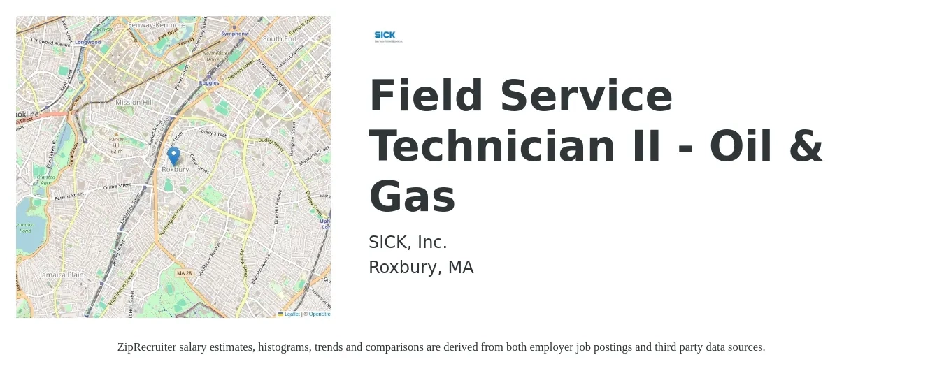 SICK, Inc. job posting for a Field Service Technician II - Oil & Gas in Roxbury, MA with a salary of $22 to $32 Hourly with a map of Roxbury location.