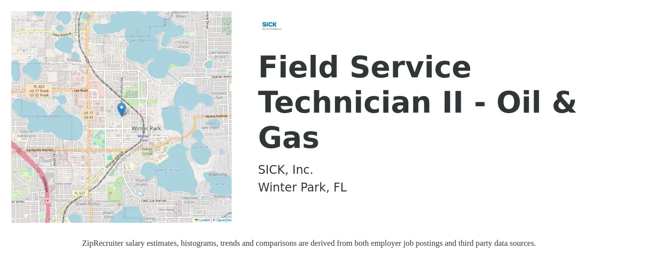 SICK, Inc. job posting for a Field Service Technician II - Oil & Gas in Winter Park, FL with a salary of $19 to $28 Hourly with a map of Winter Park location.