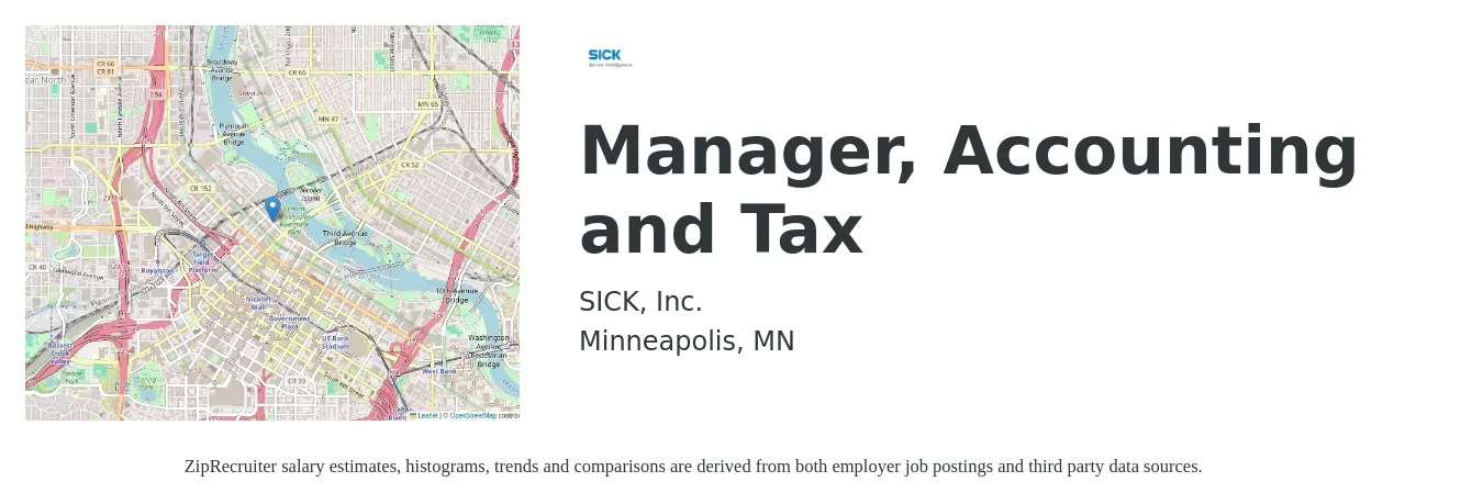 SICK, Inc. job posting for a Manager, Accounting and Tax in Minneapolis, MN with a salary of $81,300 to $116,700 Yearly with a map of Minneapolis location.