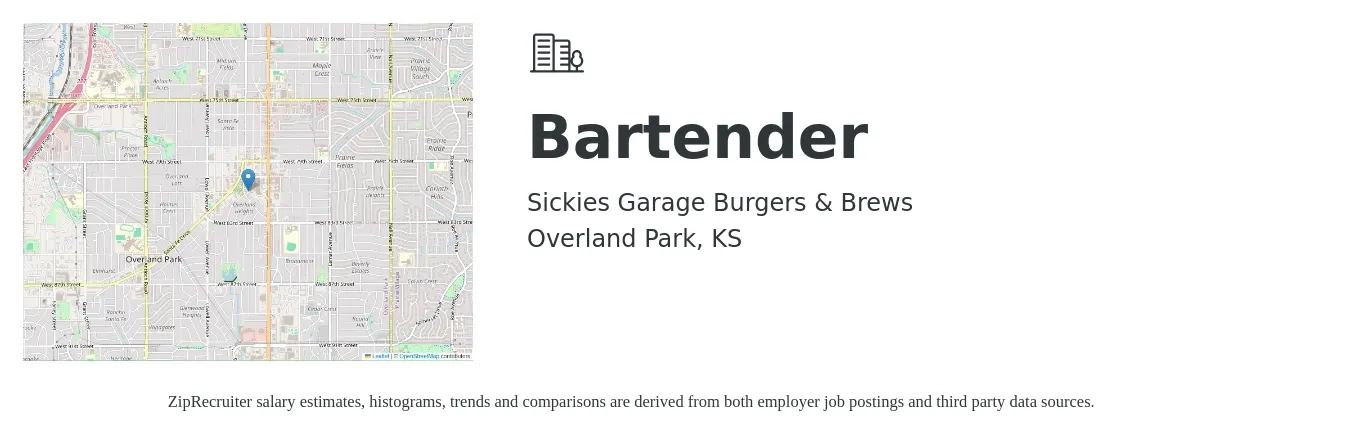 Sickies Garage Burgers & Brews job posting for a Bartender in Overland Park, KS with a salary of $10 to $18 Hourly with a map of Overland Park location.