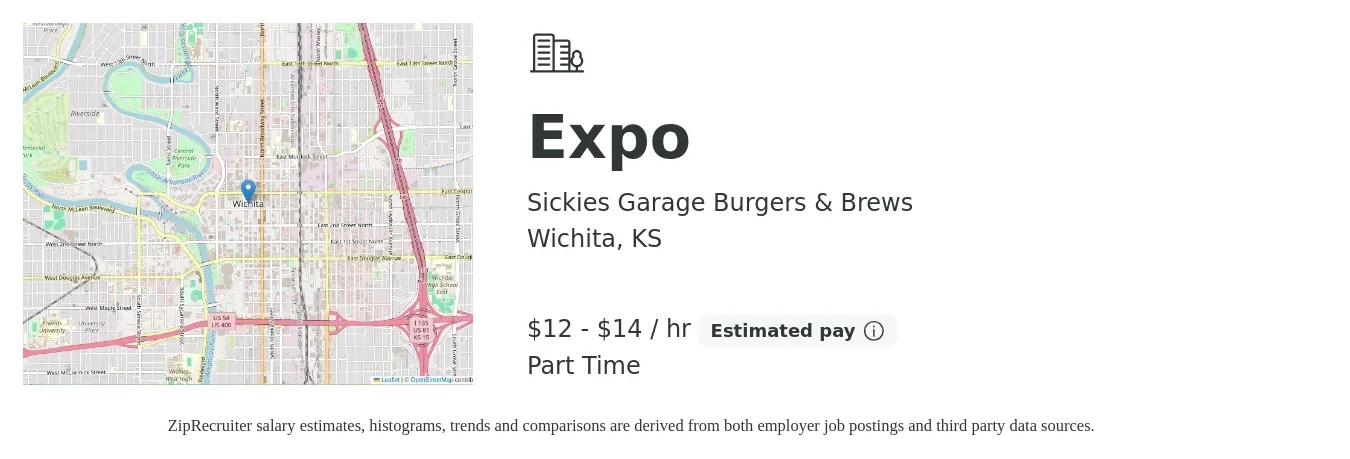 Sickies Garage Burgers & Brews job posting for a Expo in Wichita, KS with a salary of $13 to $15 Hourly with a map of Wichita location.
