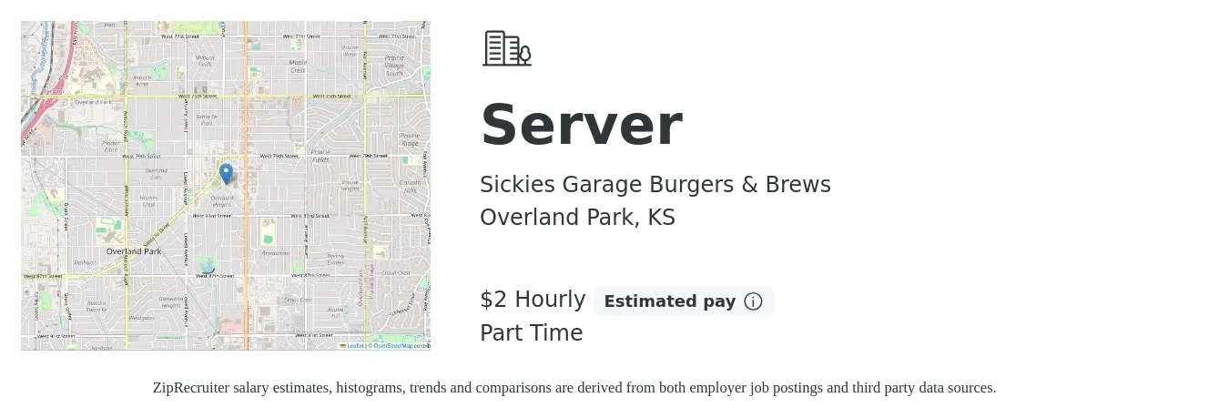Sickies Garage Burgers & Brews job posting for a Server in Overland Park, KS with a salary of $10 to $17 Hourly with a map of Overland Park location.