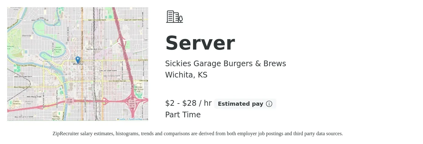 Sickies Garage Burgers & Brews job posting for a Server in Wichita, KS with a salary of $2 to $30 Hourly with a map of Wichita location.
