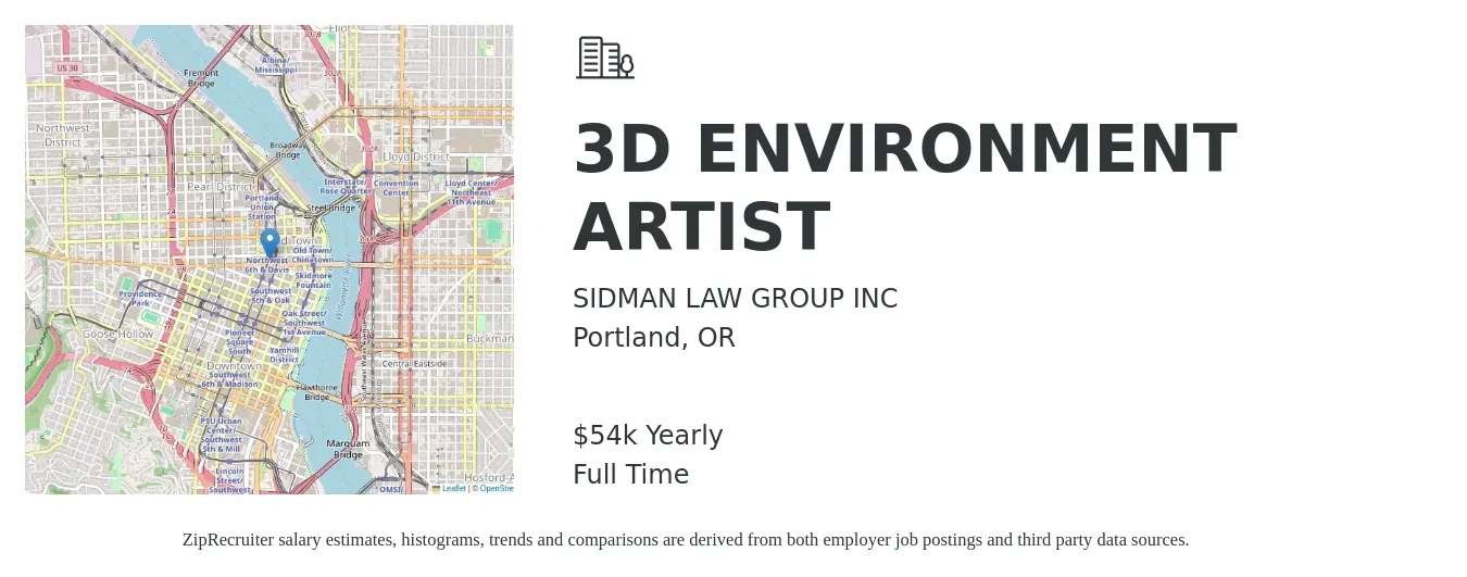 SIDMAN LAW GROUP INC job posting for a 3D Environment Artist in Portland, OR with a salary of $54,205 Yearly with a map of Portland location.