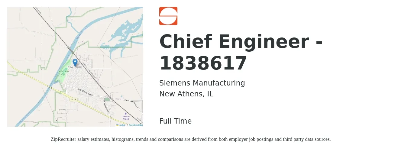 Siemens Manufacturing job posting for a Chief Engineer - 1838617 in New Athens, IL with a salary of $53,400 to $108,500 Yearly with a map of New Athens location.