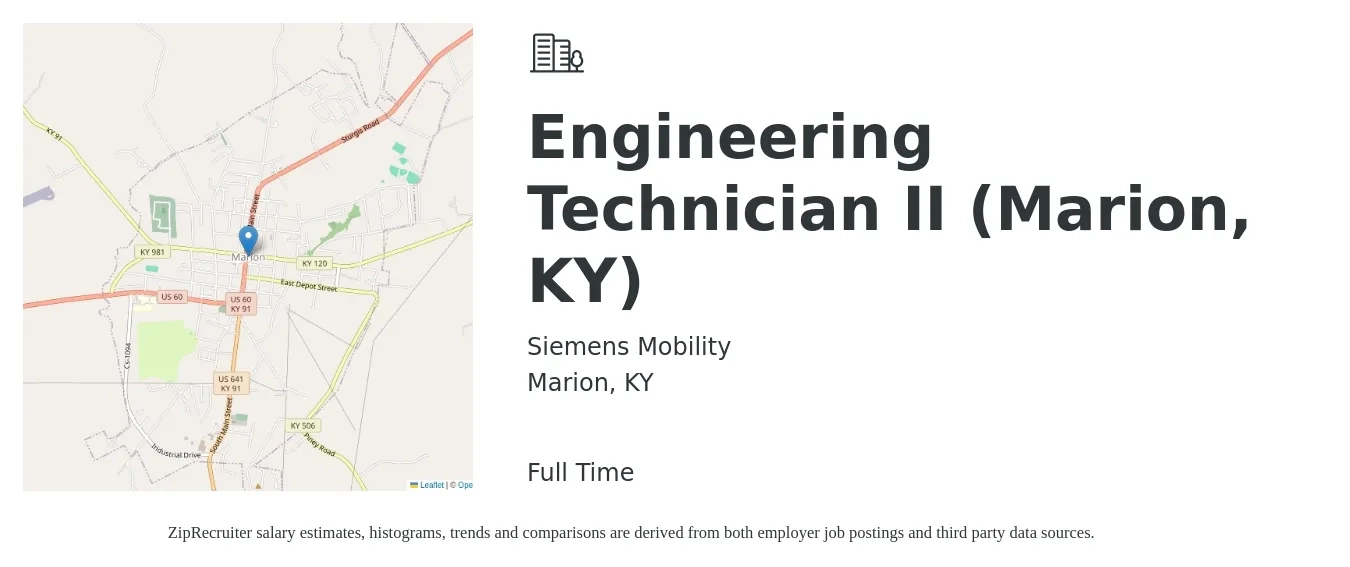 Siemens Mobility job posting for a Engineering Technician II (Marion, KY) in Marion, KY with a salary of $17 to $21 Hourly with a map of Marion location.