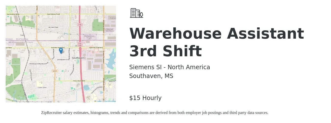 Siemens SI - North America job posting for a Warehouse Assistant - 3rd Shift in Southaven, MS with a salary of $16 Hourly with a map of Southaven location.