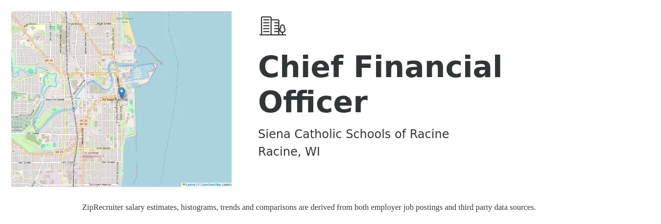 Siena Catholic Schools of Racine job posting for a Chief Financial Officer in Racine, WI with a salary of $132,200 to $375,100 Yearly with a map of Racine location.