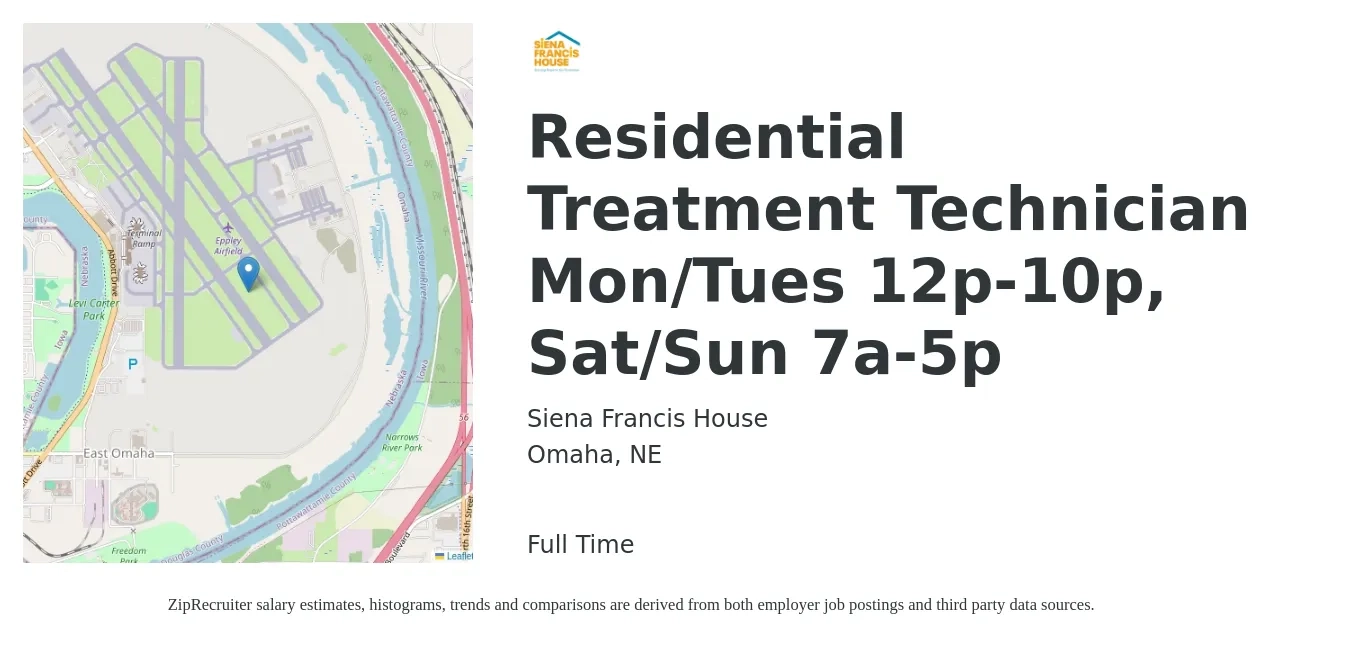 Siena Francis House job posting for a Residential Treatment Technician Mon/Tues 12p-10p, Sat/Sun 7a-5p in Omaha, NE with a salary of $17 to $21 Hourly with a map of Omaha location.