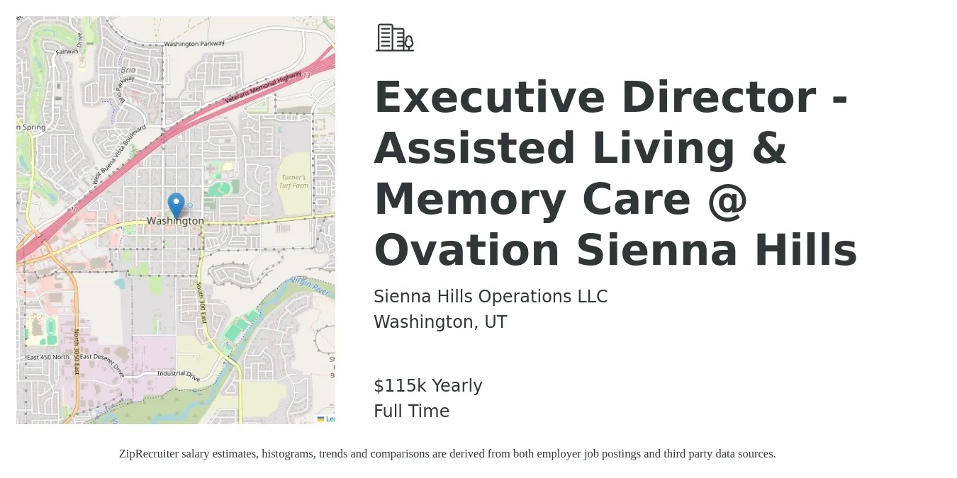 Sienna Hills Operations LLC job posting for a Executive Director - Assisted Living & Memory Care @ Ovation Sienna Hills in Washington, UT with a salary of $115,000 Yearly with a map of Washington location.