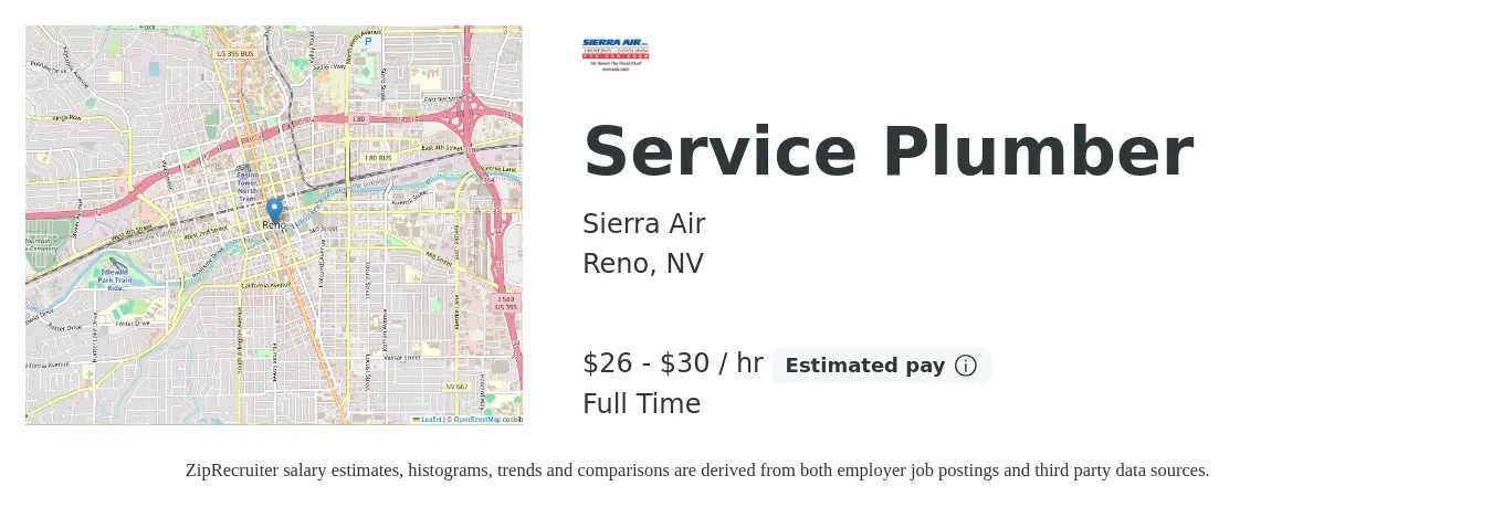 Sierra Air job posting for a Service Plumber in Reno, NV with a salary of $28 to $32 Hourly with a map of Reno location.