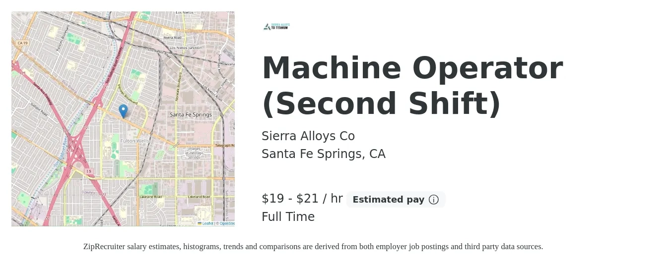 Sierra Alloys Co job posting for a Machine Operator (Second Shift) in Santa Fe Springs, CA with a salary of $20 to $22 Hourly with a map of Santa Fe Springs location.