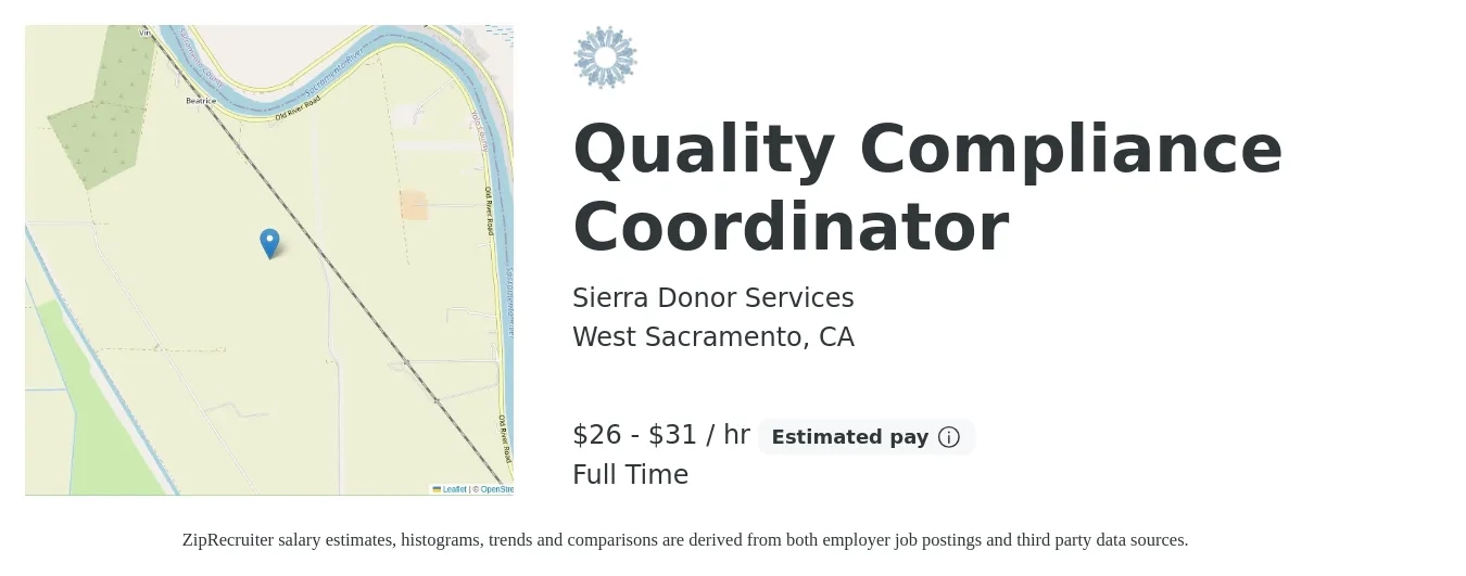 Sierra Donor Services job posting for a Quality Compliance Coordinator in West Sacramento, CA with a salary of $28 to $33 Hourly with a map of West Sacramento location.