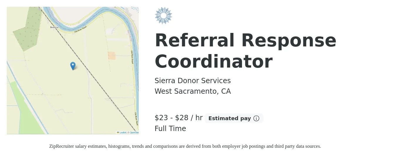 Sierra Donor Services job posting for a Referral Response Coordinator in West Sacramento, CA with a salary of $24 to $30 Hourly with a map of West Sacramento location.