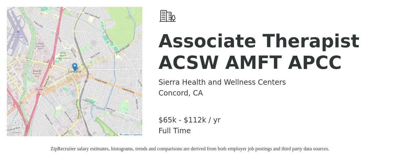 Sierra Health and Wellness Centers job posting for a Associate Therapist ACSW AMFT APCC in Concord, CA with a salary of $65,000 to $112,088 Yearly with a map of Concord location.