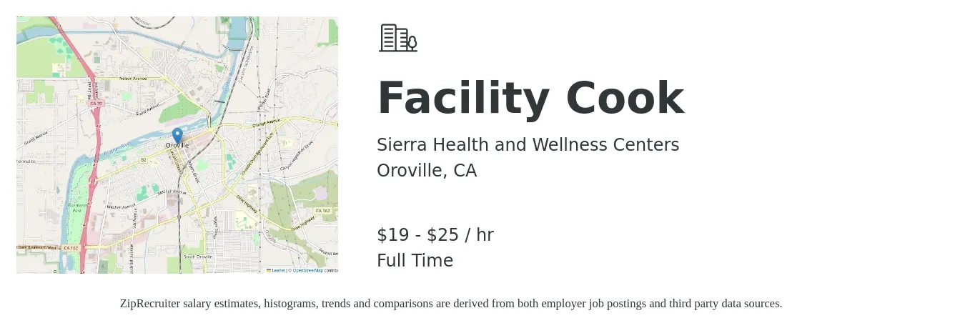 Sierra Health and Wellness Centers job posting for a Facility Cook in Oroville, CA with a salary of $20 to $26 Hourly with a map of Oroville location.