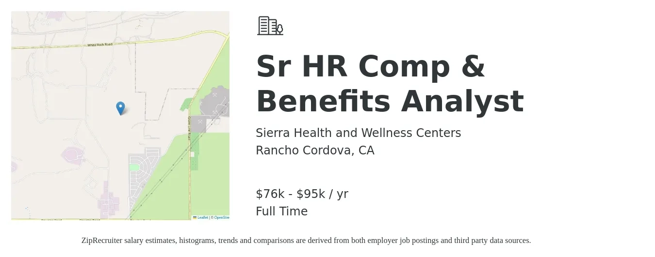 Sierra Health and Wellness Centers job posting for a Sr HR Comp & Benefits Analyst in Rancho Cordova, CA with a salary of $76,000 to $95,000 Yearly with a map of Rancho Cordova location.