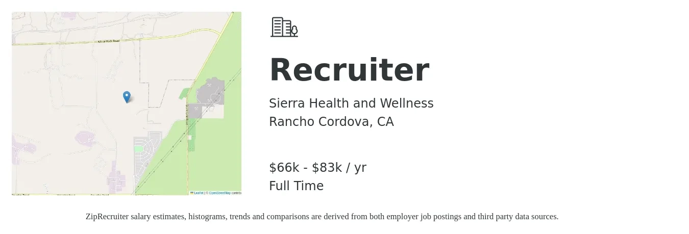 Sierra Health and Wellness job posting for a Recruiter in Rancho Cordova, CA with a salary of $66,800 to $83,000 Yearly with a map of Rancho Cordova location.
