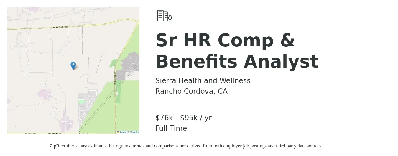 Sierra Health and Wellness job posting for a Sr HR Comp & Benefits Analyst in Rancho Cordova, CA with a salary of $76,000 to $95,000 Yearly with a map of Rancho Cordova location.