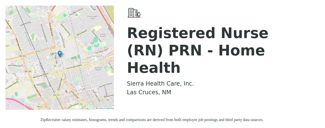 Sierra Health Care, Inc. job posting for a Registered Nurse (RN) PRN - Home Health in Las Cruces, NM with a salary of $34 to $54 Hourly with a map of Las Cruces location.