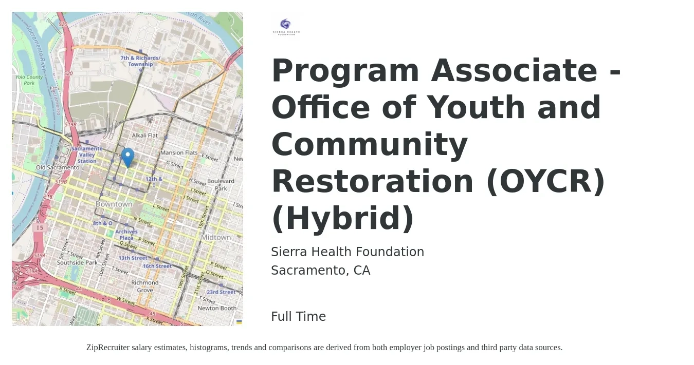 Sierra Health Foundation job posting for a Program Associate - Office of Youth and Community Restoration (OYCR) (Hybrid) in Sacramento, CA with a salary of $42,700 to $63,400 Yearly with a map of Sacramento location.