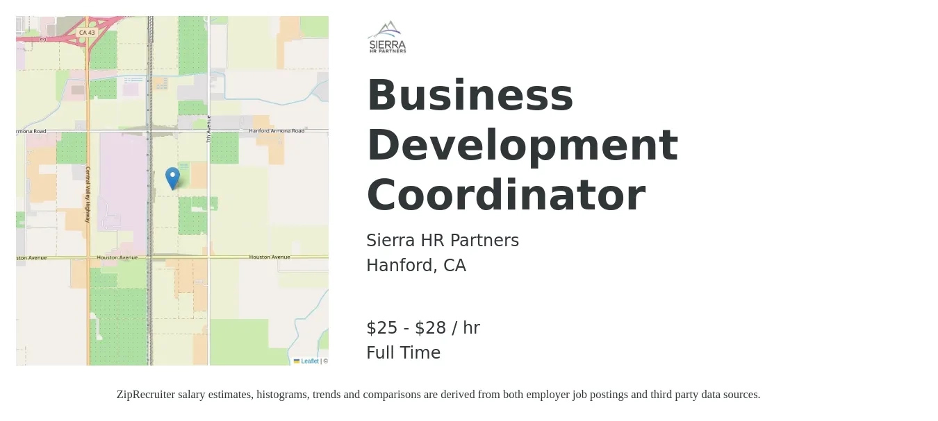 Sierra HR Partners job posting for a Business Development Coordinator in Hanford, CA with a salary of $26 to $30 Hourly with a map of Hanford location.