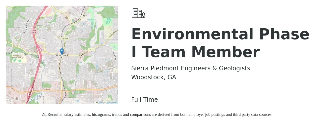 Sierra Piedmont Engineers & Geologists job posting for a Environmental Phase I Team Member in Woodstock, GA with a salary of $66,300 to $97,800 Yearly with a map of Woodstock location.