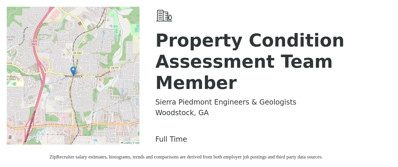 Sierra Piedmont Engineers & Geologists job posting for a Property Condition Assessment Team Member in Woodstock, GA with a salary of $13 to $17 Hourly with a map of Woodstock location.