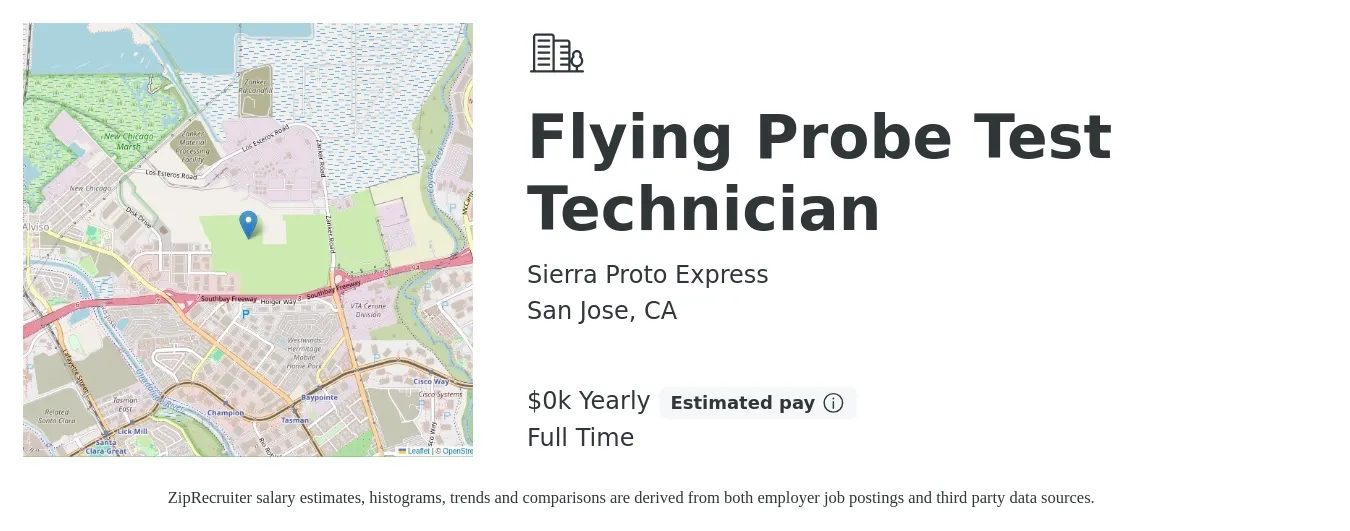 Sierra Proto Express job posting for a Flying Probe Test Technician in San Jose, CA with a salary of $28 to $32 Yearly with a map of San Jose location.