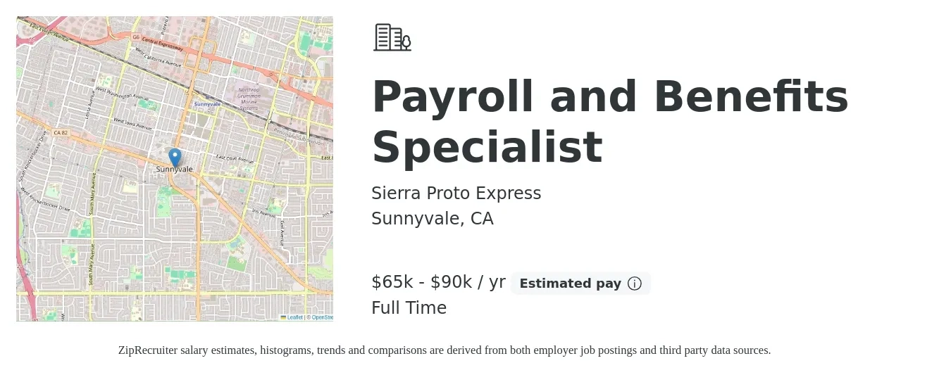 Sierra Proto Express job posting for a Payroll and Benefits Specialist in Sunnyvale, CA with a salary of $65,000 to $90,000 Yearly with a map of Sunnyvale location.