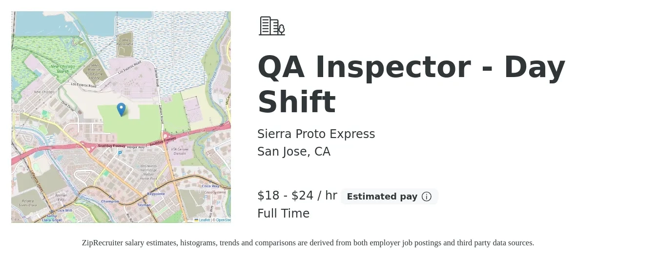 Sierra Proto Express job posting for a QA Inspector - Day Shift in San Jose, CA with a salary of $19 to $25 Hourly with a map of San Jose location.