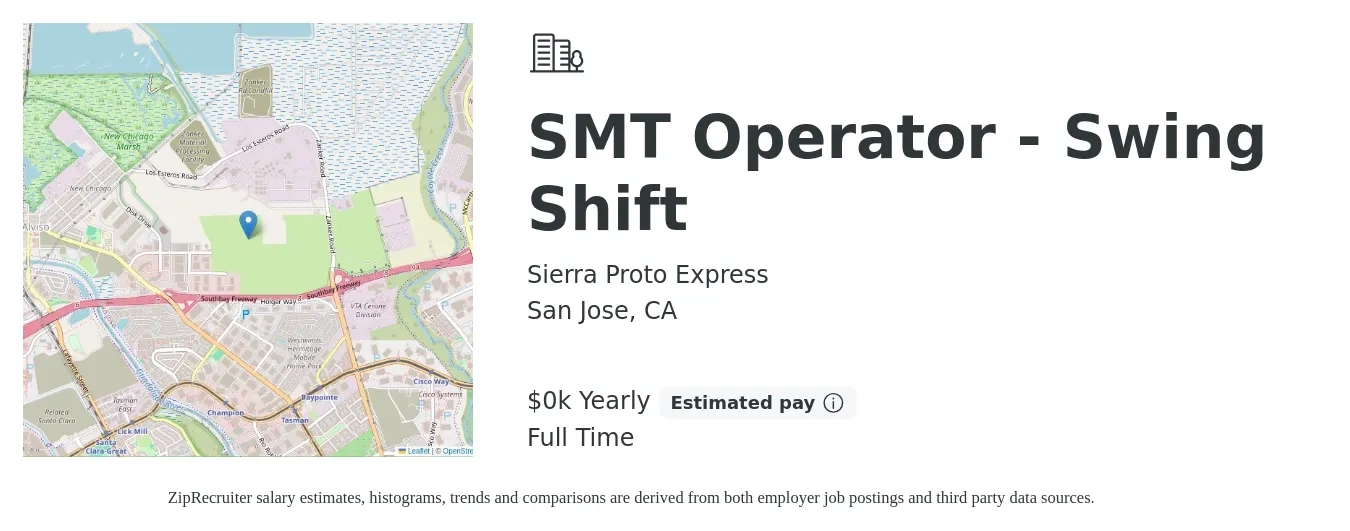 Sierra Proto Express job posting for a SMT Operator - Swing Shift in San Jose, CA with a salary of $22 to $28 Yearly with a map of San Jose location.