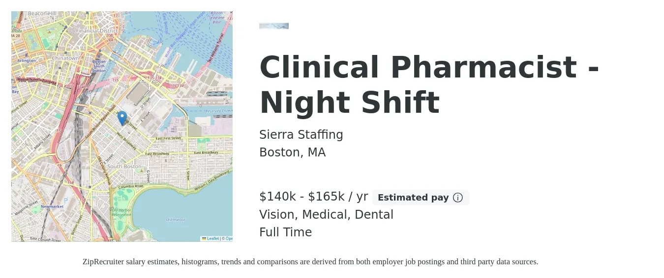 Sierra Staffing job posting for a Clinical Pharmacist - Night Shift in Boston, MA with a salary of $140,000 to $165,000 Yearly and benefits including medical, retirement, vision, dental, and life_insurance with a map of Boston location.