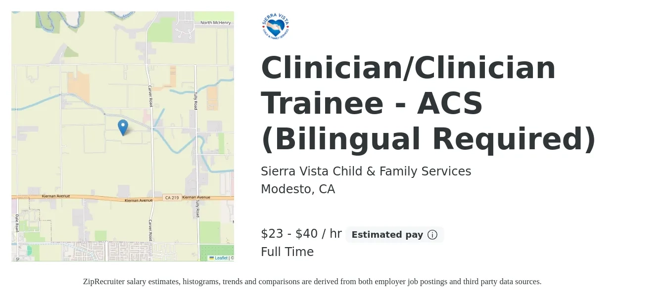 Sierra Vista Child & Family Services job posting for a Clinician/Clinician Trainee - ACS (Bilingual Required) in Modesto, CA with a salary of $24 to $42 Hourly with a map of Modesto location.