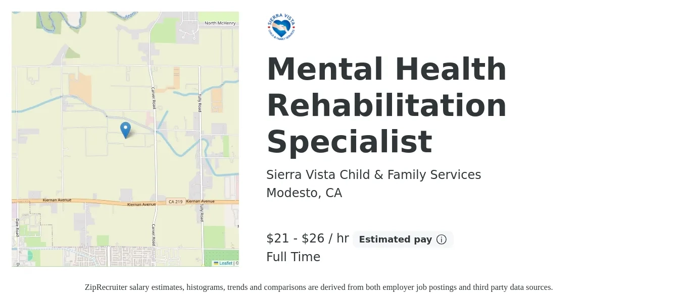 Sierra Vista Child & Family Services job posting for a Mental Health Rehabilitation Specialist in Modesto, CA with a salary of $23 to $27 Hourly with a map of Modesto location.