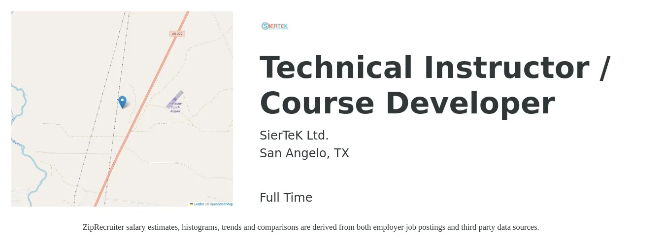 SierTeK Ltd. job posting for a Technical Instructor / Course Developer in San Angelo, TX with a salary of $73,100 to $89,000 Yearly with a map of San Angelo location.