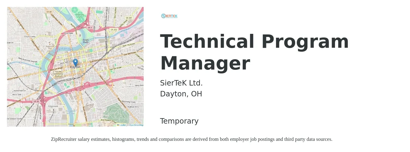 SierTeK Ltd. job posting for a Technical Program Manager in Dayton, OH with a salary of $120,200 to $155,600 Yearly with a map of Dayton location.