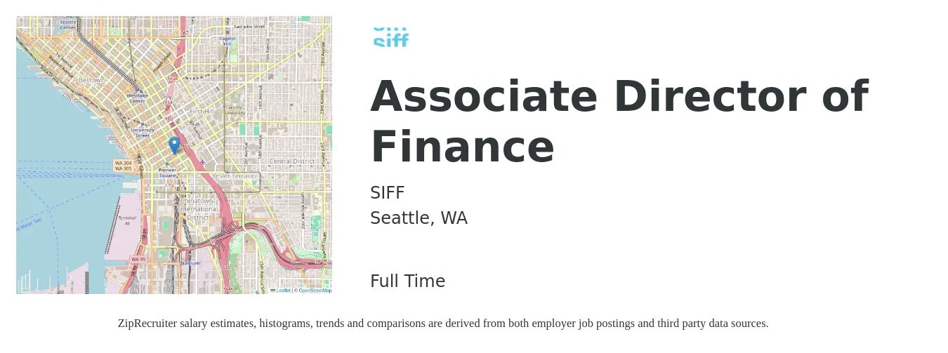 SIFF job posting for a Associate Director of Finance in Seattle, WA with a salary of $75,000 to $85,000 Yearly with a map of Seattle location.