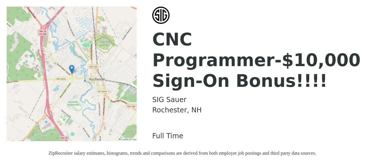 SigSauer job posting for a CNC Programmer-$10,000 Sign-On Bonus!!!! in Rochester, NH with a salary of $26 to $36 Hourly with a map of Rochester location.