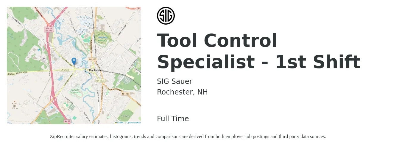 SigSauer job posting for a Tool Control Specialist - 1st Shift in Rochester, NH with a salary of $26 to $34 Hourly with a map of Rochester location.
