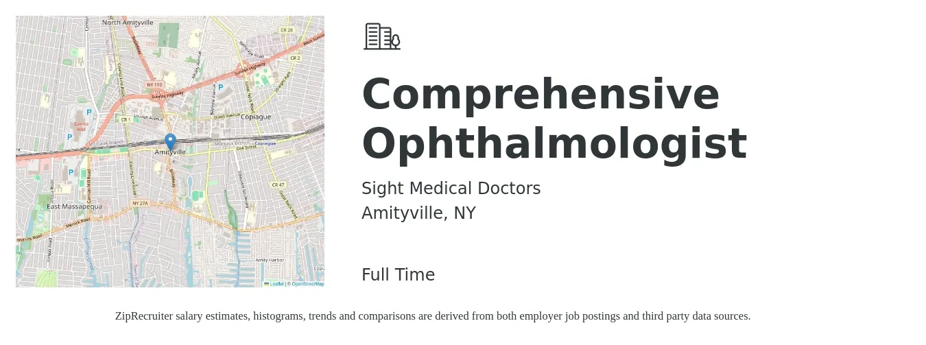Sight Medical Doctors job posting for a Comprehensive Ophthalmologist in Amityville, NY with a salary of $22 to $25 Hourly with a map of Amityville location.