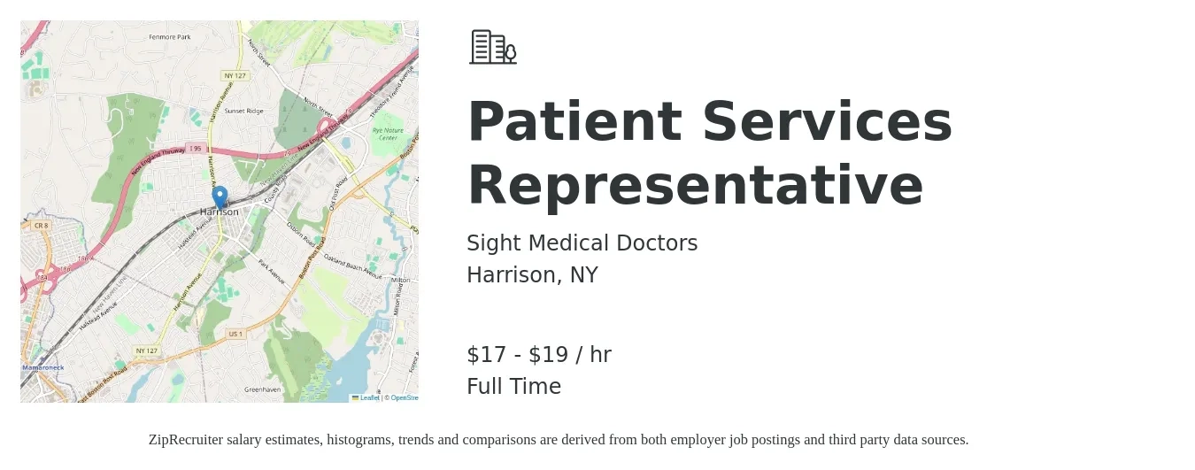 Sight Medical Doctors job posting for a Patient Services Representative in Harrison, NY with a salary of $18 to $20 Hourly with a map of Harrison location.